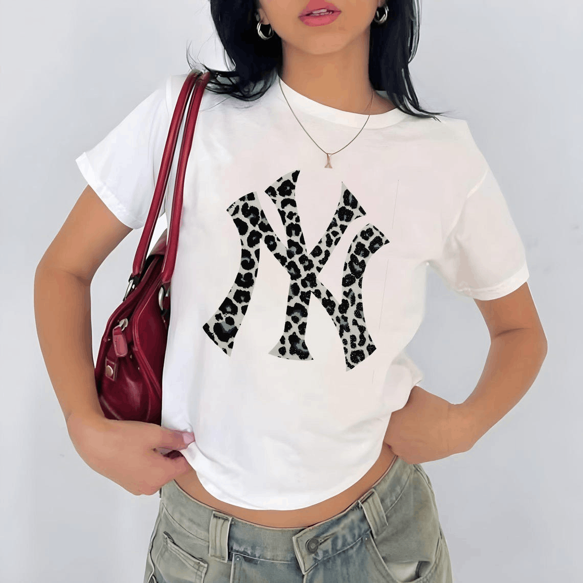 Other Leopard NY Baby Tee, Y2K Women's Fitted Tee, Retro 90s Top Size M / US 6-8 / IT 42-44 - 1 Thumbnail