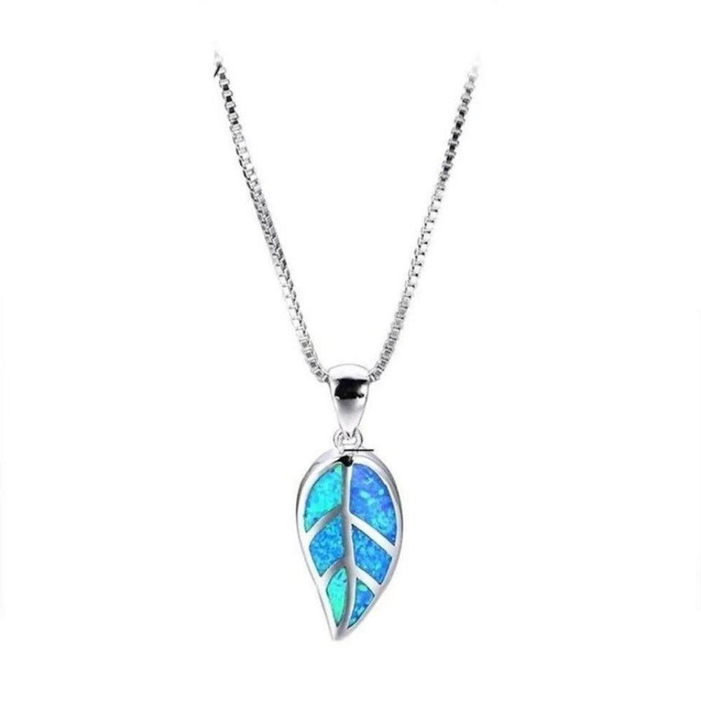 Designer Blue Opal Leaf Silver Necklace & Chain Size ONE SIZE - 5 Thumbnail