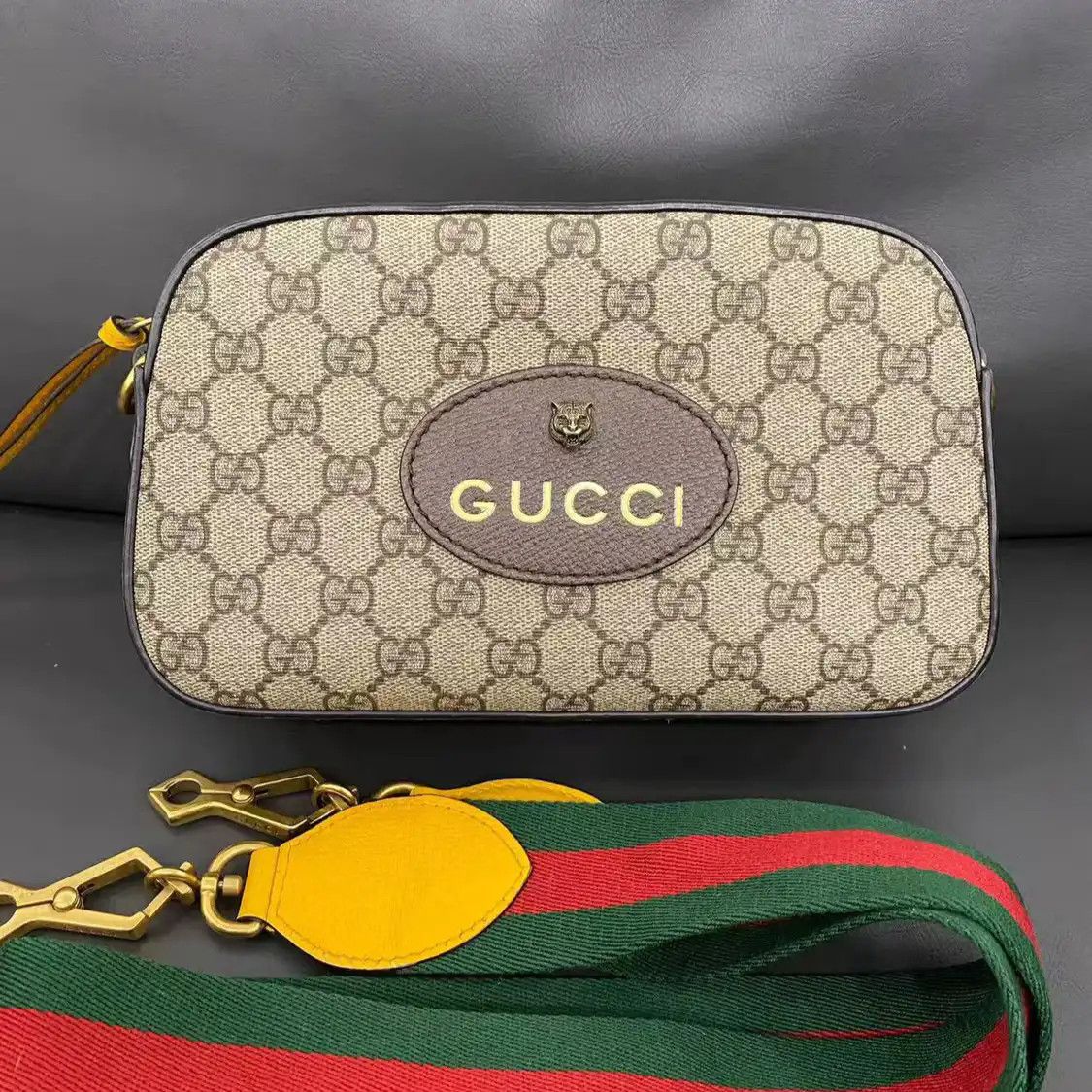 Gucci Neo Vintage Beige Coated Canvas Monogram Stripe Webbing Tiger Lock Bag Cro, Men's