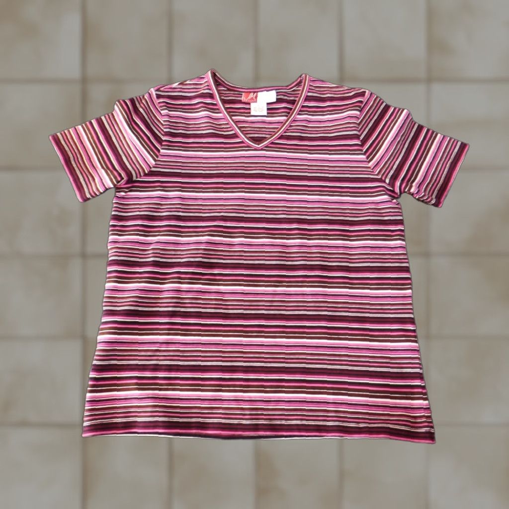 JM Collection JM Collection Shirt Petite Women V-Neck Stretch Tee Purple Striped Short Sleeve Pullover Casual Knit Cotton Spandex 0P Womens Size XS / US 0-2 / IT 36-38 - 1 Thumbnail