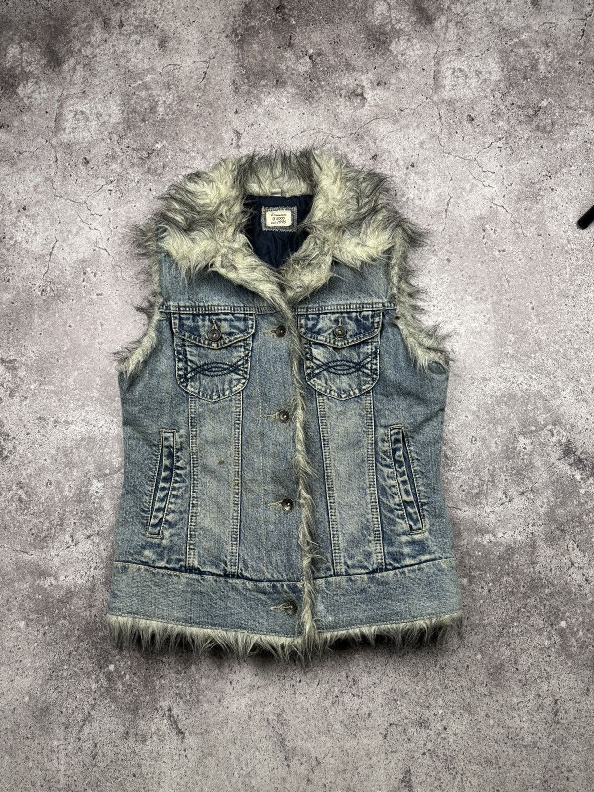 Y2K denim Style Long Fur avant garde Collar Vest Japanesse