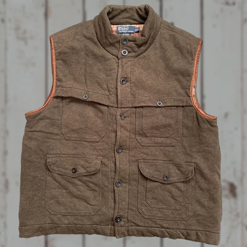 Polo Ralph Lauren VINTAGE Polo Ralph Lauren Vest Shirt Mens 2XL Leather Trim Cotton Flannel Lined Brown Quilted 90s Hunting Utility Insulated Size US XXL / EU 58 / 5 - 1 Thumbnail