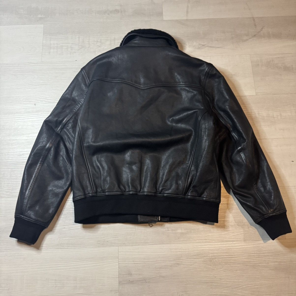 BUCK MASON Men's XL Black Leather Bomber Jacket Shearling