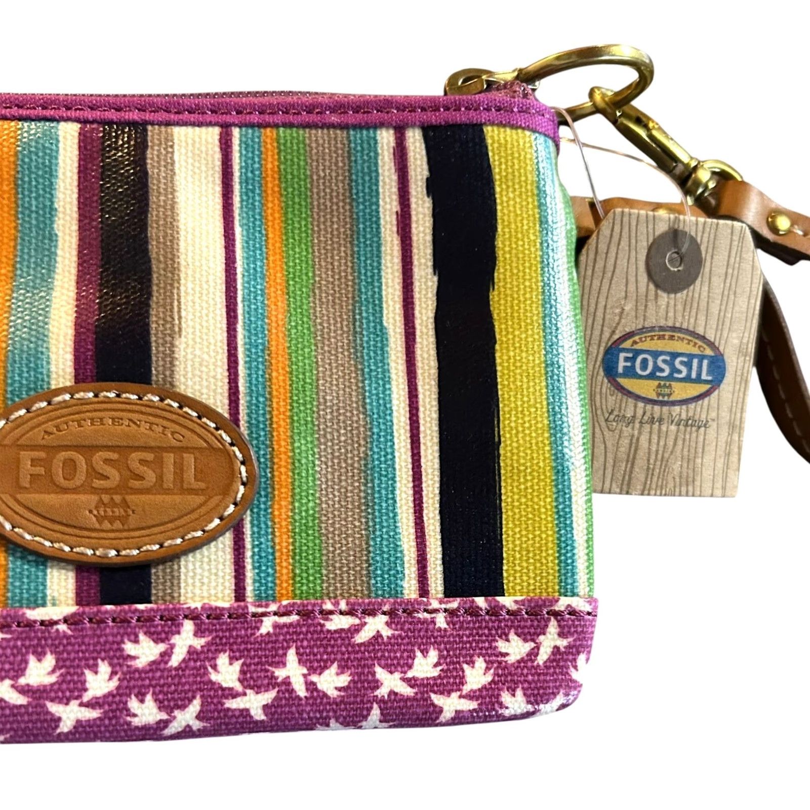 Fossil VINTAGE Fossil Purple Striped Birds Coated Canvas Leather Trim Wristlet Wallet Women NWT Size ONE SIZE - 4 Thumbnail