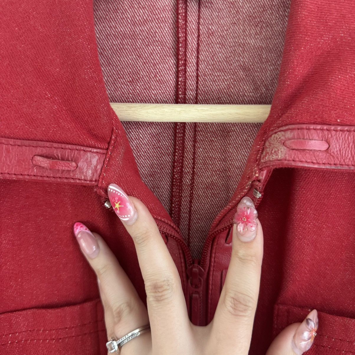 Vintage REVUE Vintage 90s Red Cotton Leather Trim Biker Moto Jacket Size S / US 4 / IT 40 - 4 Thumbnail