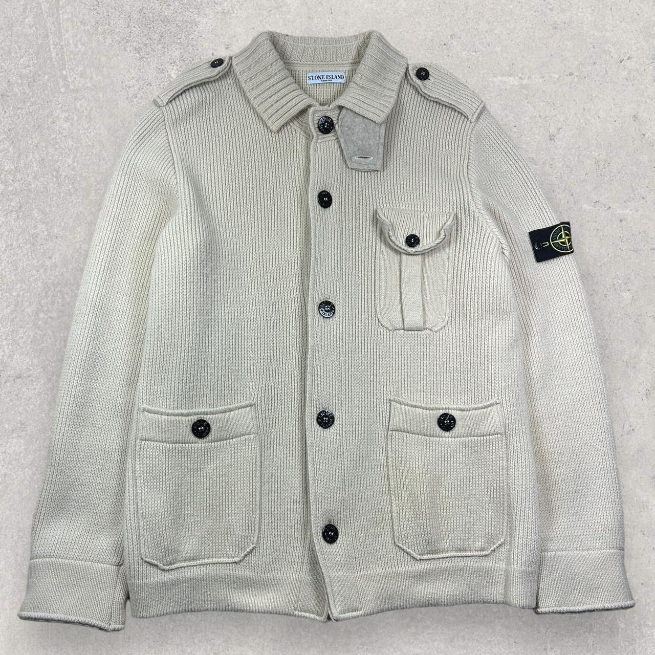 Image of Stone Island Cream Multi Pocket Heavyweight Wool Cardigan, Men's (Size 2XL)