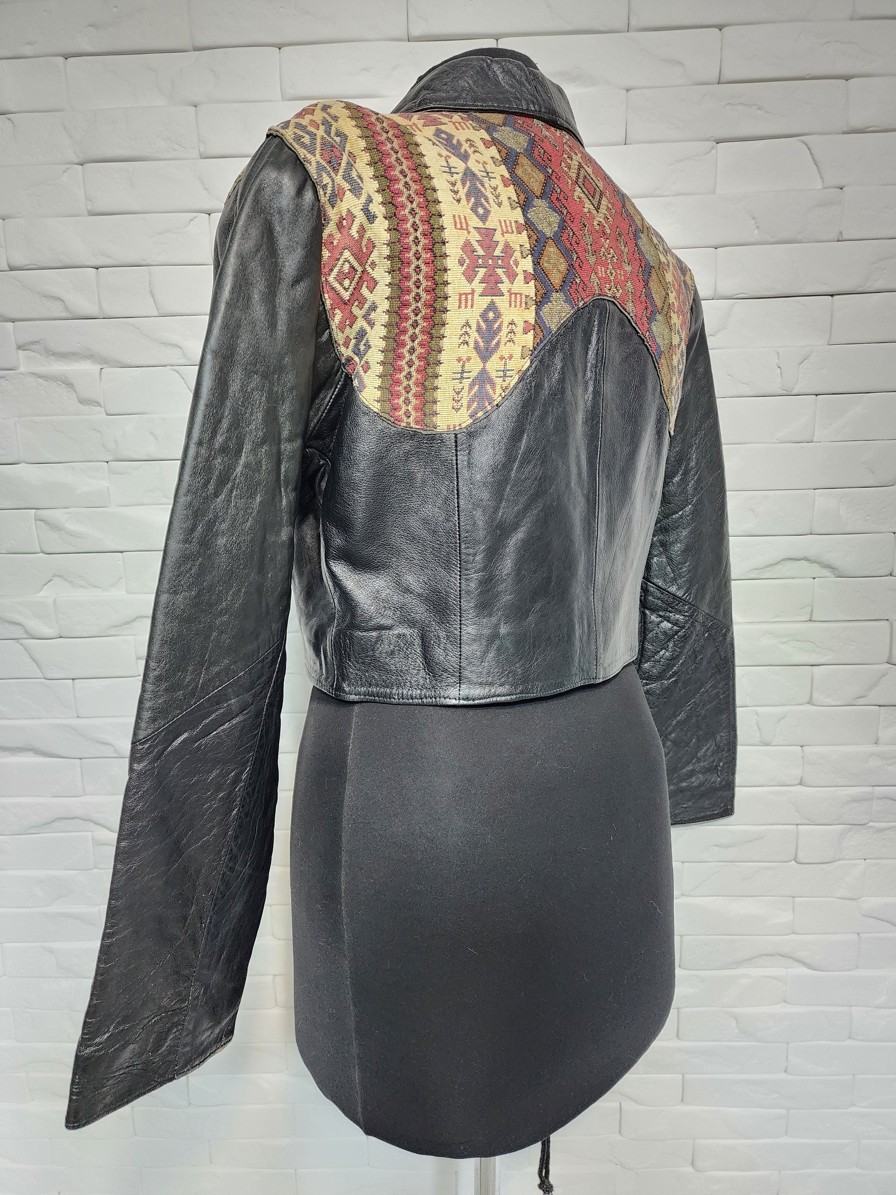 Designer Black women's leather jacket with tapestry fabric inserts. Size XL / US 12-14 / IT 48-50 - 6 Thumbnail