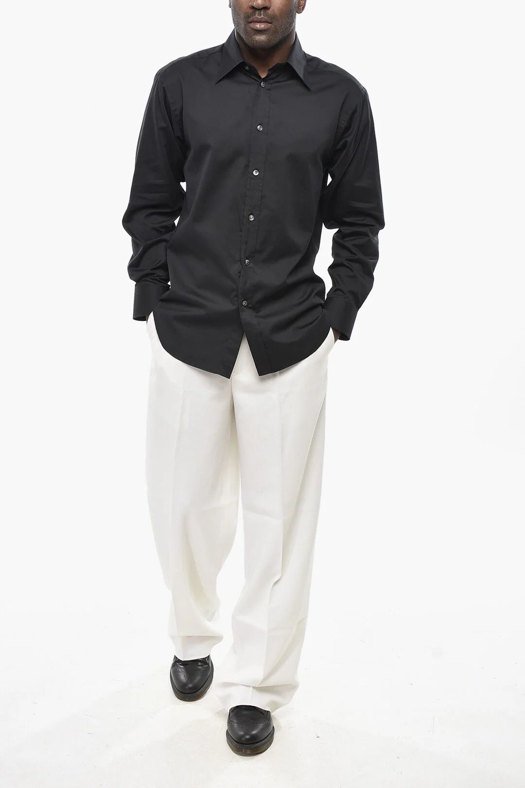 Tom Ford og1mm0426 Cotton & Silk Solid-Color Shirt in Black Size US M / EU 48-50 / 2 - 4 Thumbnail
