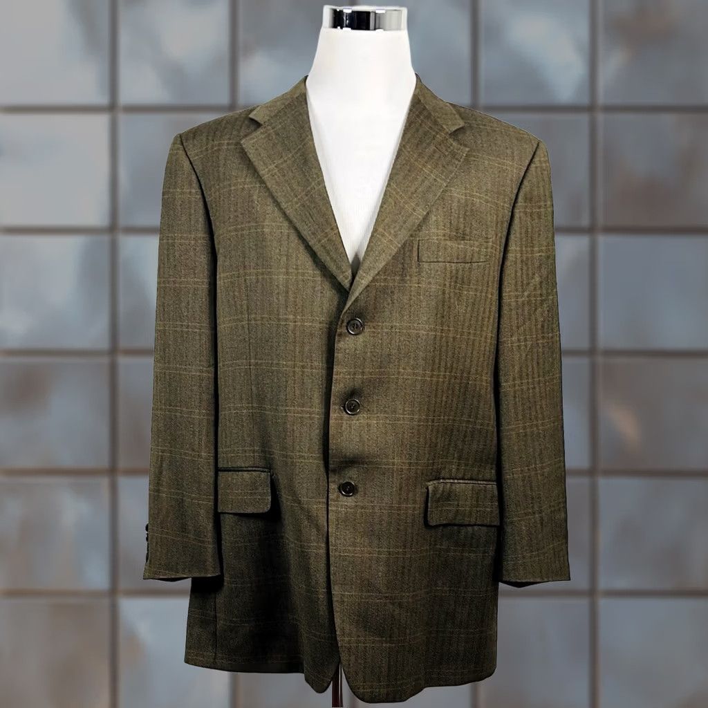 Faconnable Façonnable Sport Coat 48L Green Herringbone Plaid Three Button Wool Italy Mens Size US XS / EU 42 / 0 - 1 Thumbnail