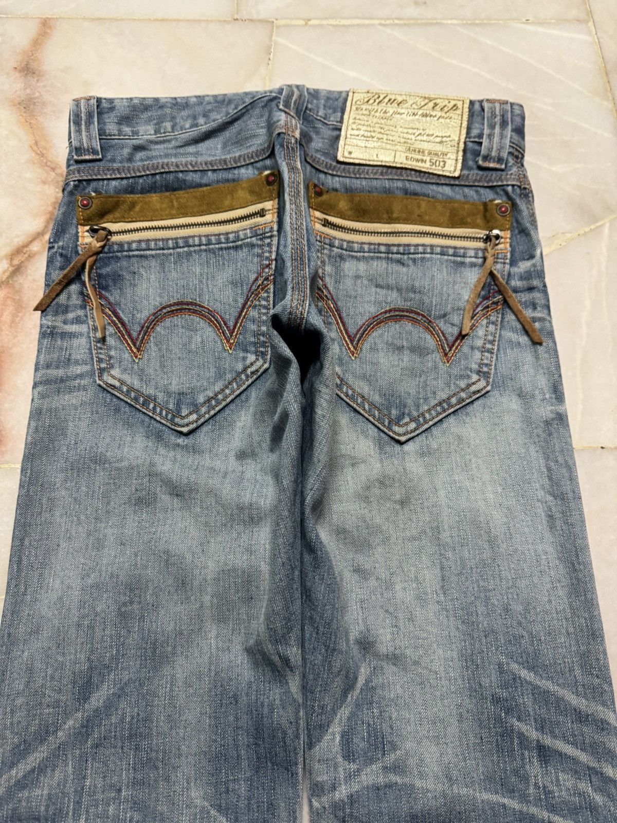 Edwin ⚡️FLARED⚡️VINTAGE EDWIN BLUE TRIP 503 RARE HONEYCOMB MUDPUNK Size US 29 - 12 Thumbnail