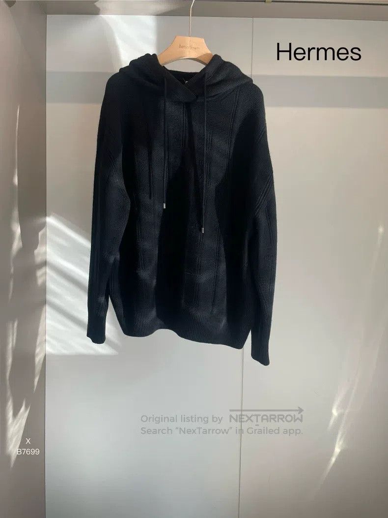 Hermes Black Wool Knit Hooded Sweatshirt