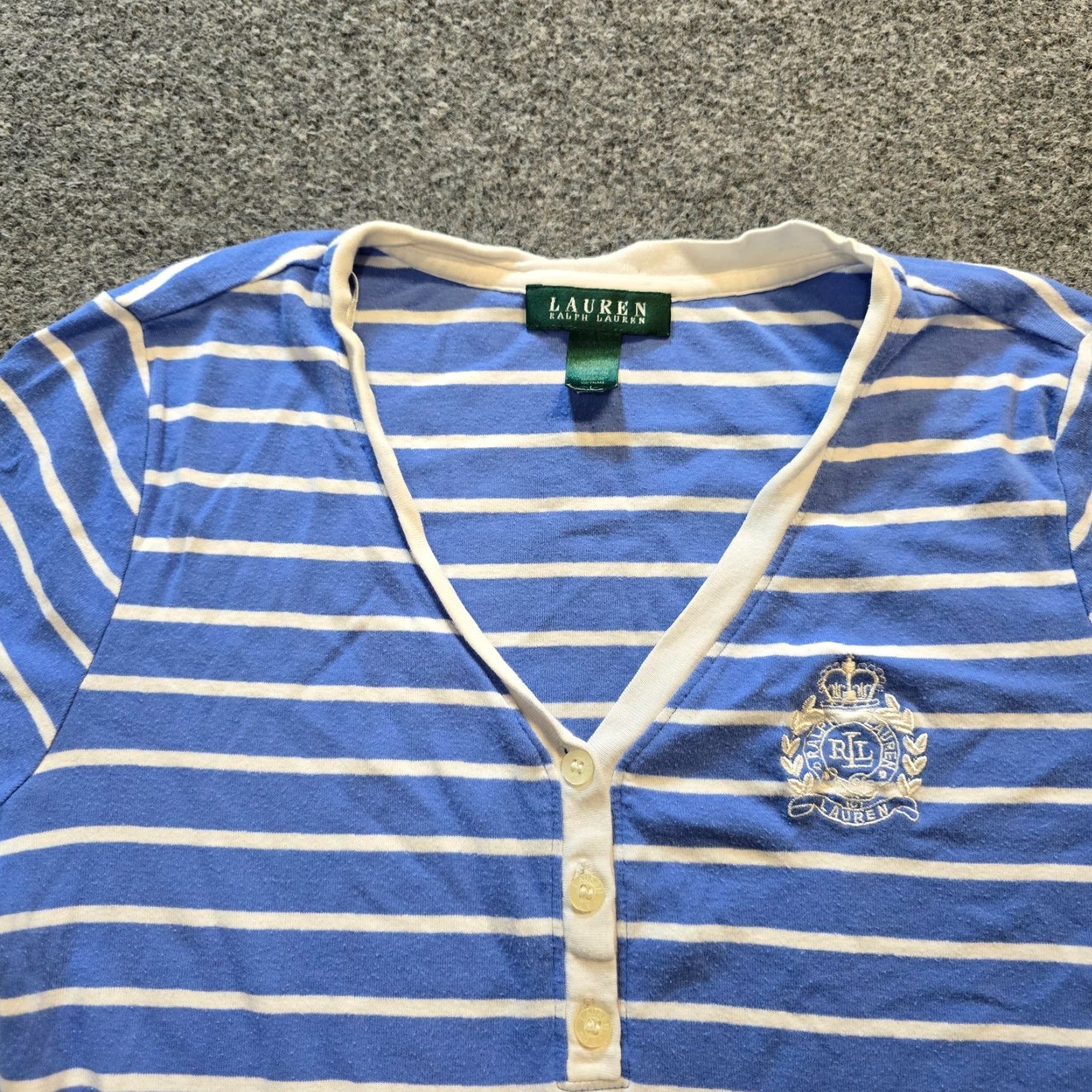 Ralph Lauren Lauren Ralph Lauren Top Womens Size L Blue Striped Henley Embroidery Preppy T-Shirt Shirt Short Sleeve Casual Knit Cotton Basic Regular Womens Size L / US 10 / IT 46 - 2 Thumbnail