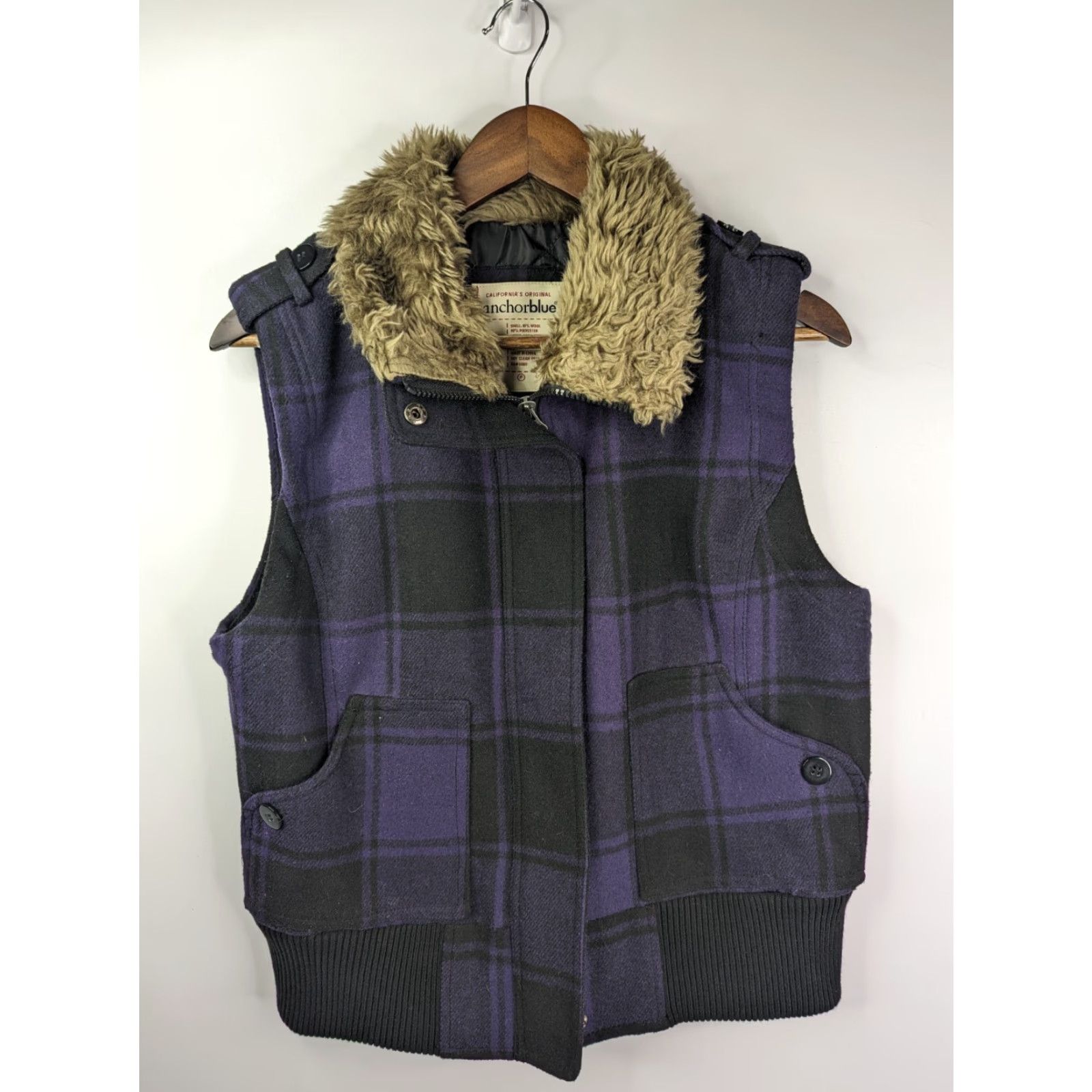 Anchor Blue Anchorblue Vest Black & Purple Plaid Lined Size Large Faux Fur Collar Zip Snaps Women Size L / US 10 / IT 46 - 2 Thumbnail