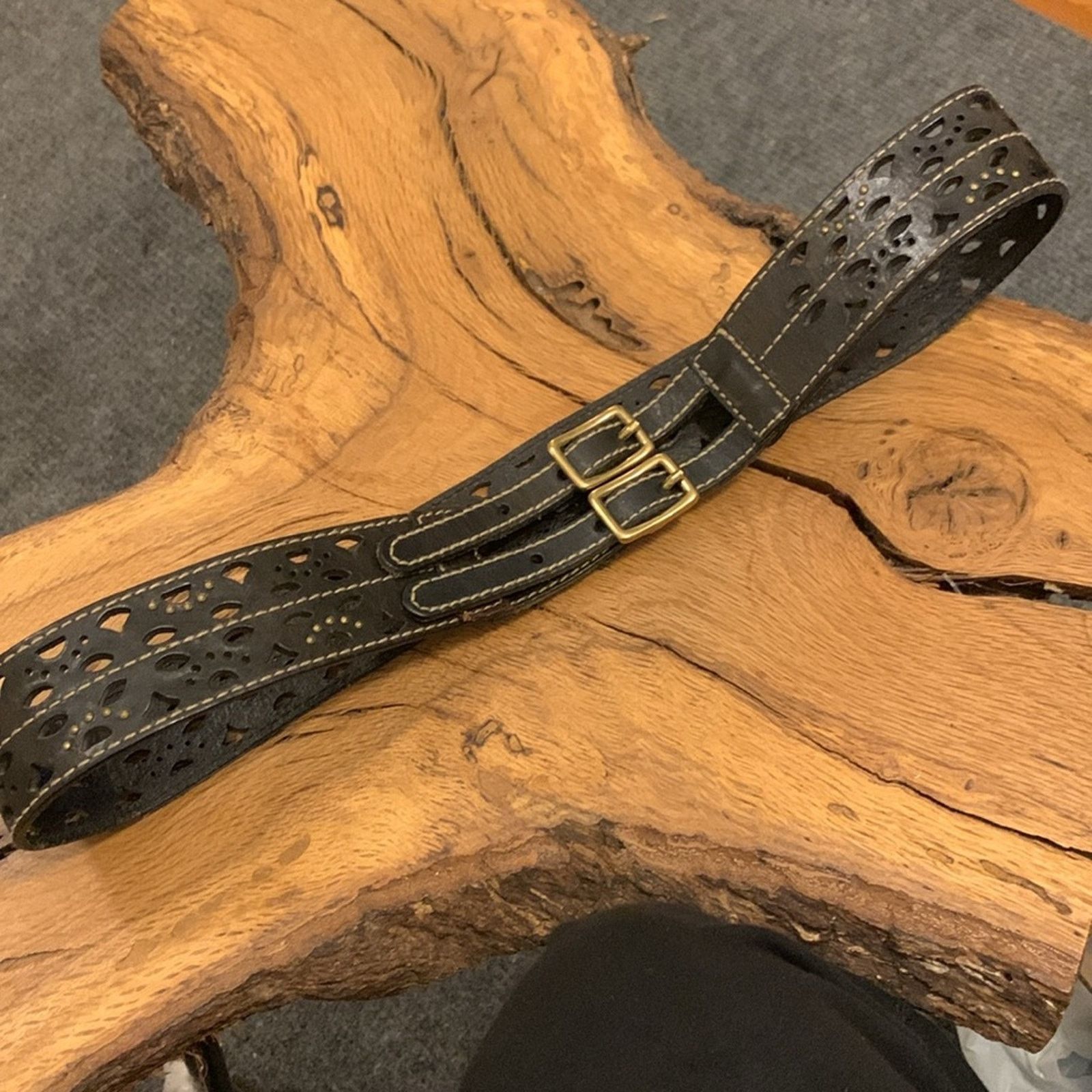 Vintage Double buckle perforated leather belt solid brass with studs Size ONE SIZE - 2 Thumbnail