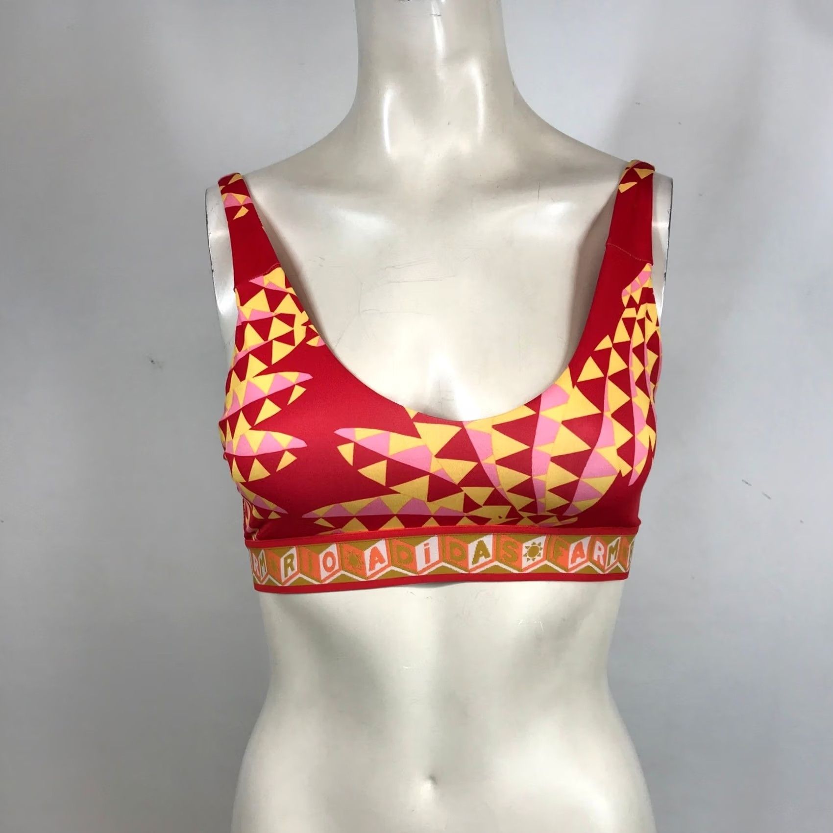 Adidas Adidas x FARM Rio Medium Support Sports Bra Red Geometric AEROREADY Women XS A-C Sports Bra Size ONE SIZE - 2 Thumbnail
