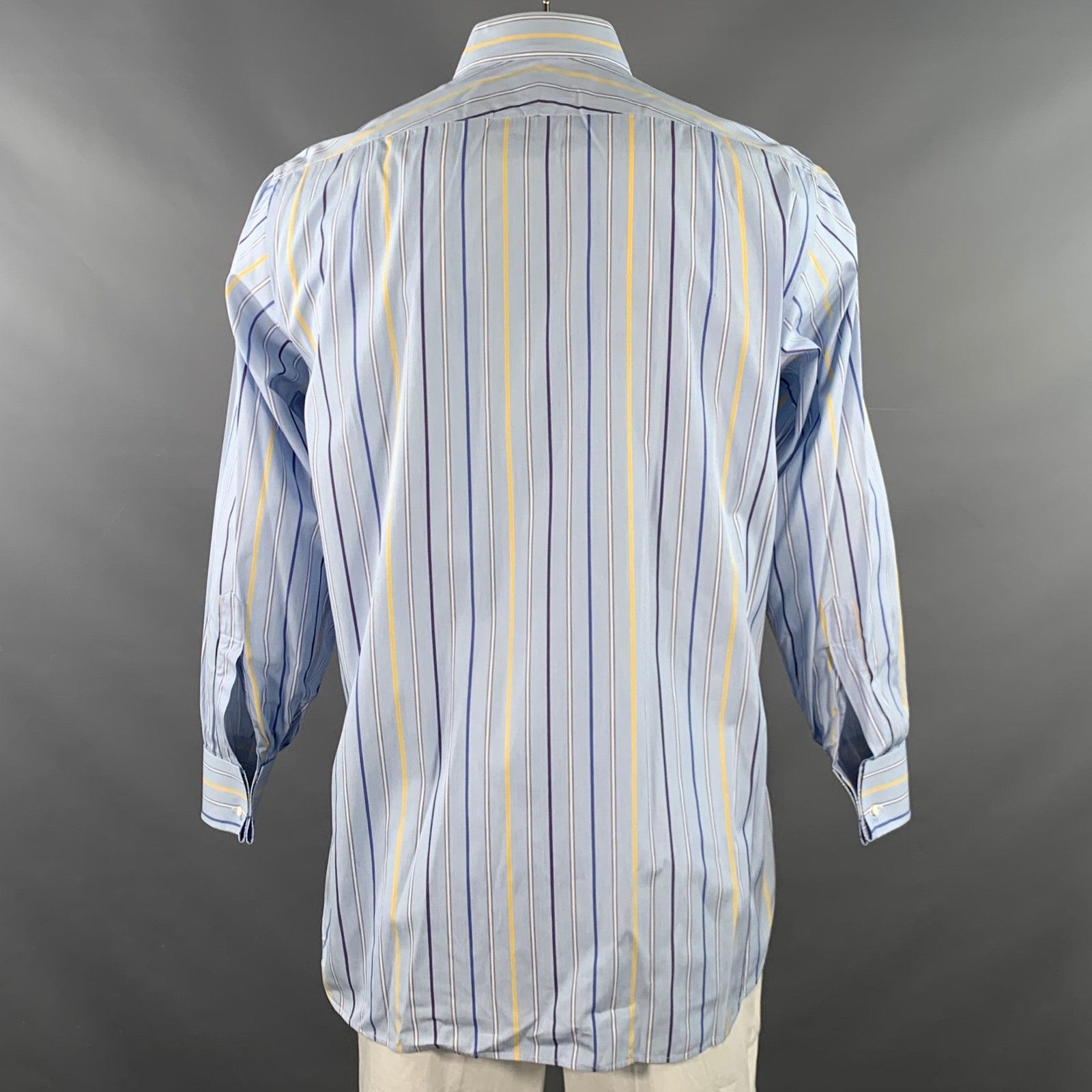 Turnbull & Asser Blue Navy Yellow Stripe Cotton French Cuff Long Sleeve Shirt Size US L / EU 52-54 / 3 - 4 Thumbnail