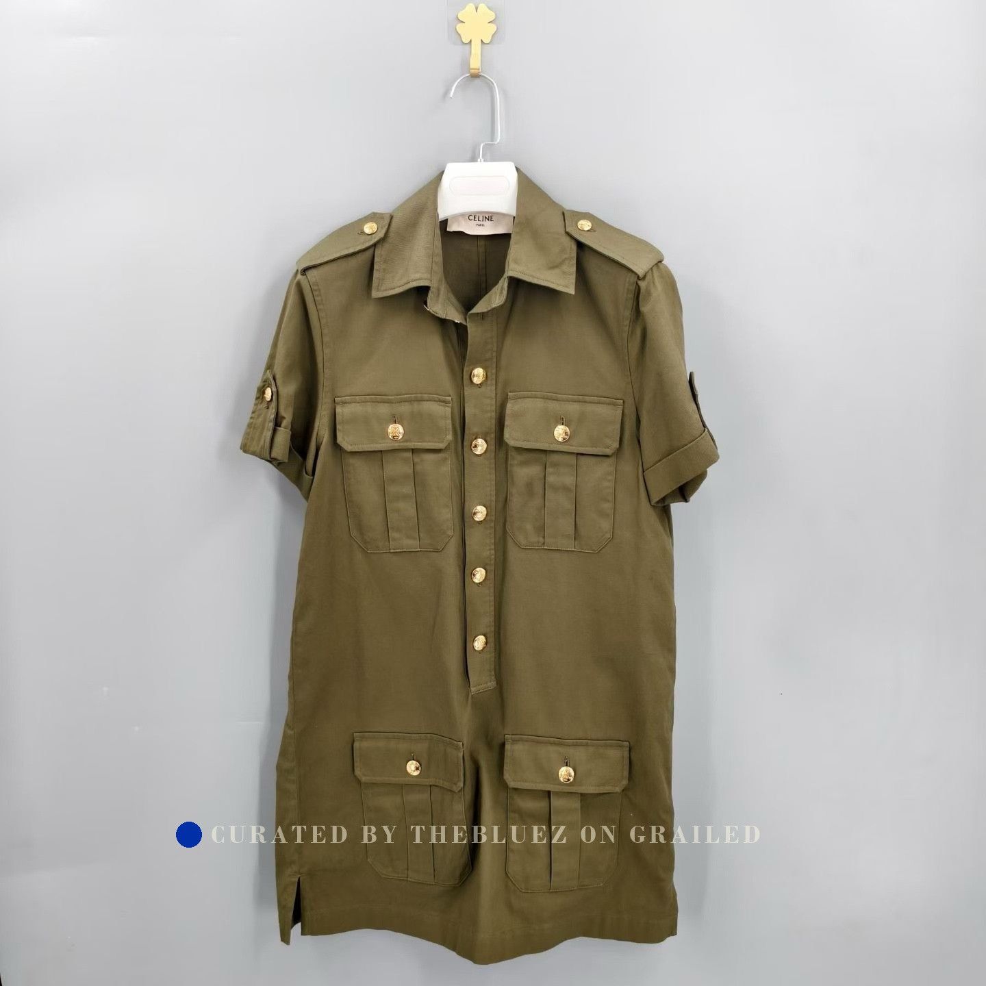 Celine Celine Military Green Gold Button Utility Dress Size XXS / US 00 / IT 34 - 1 Thumbnail