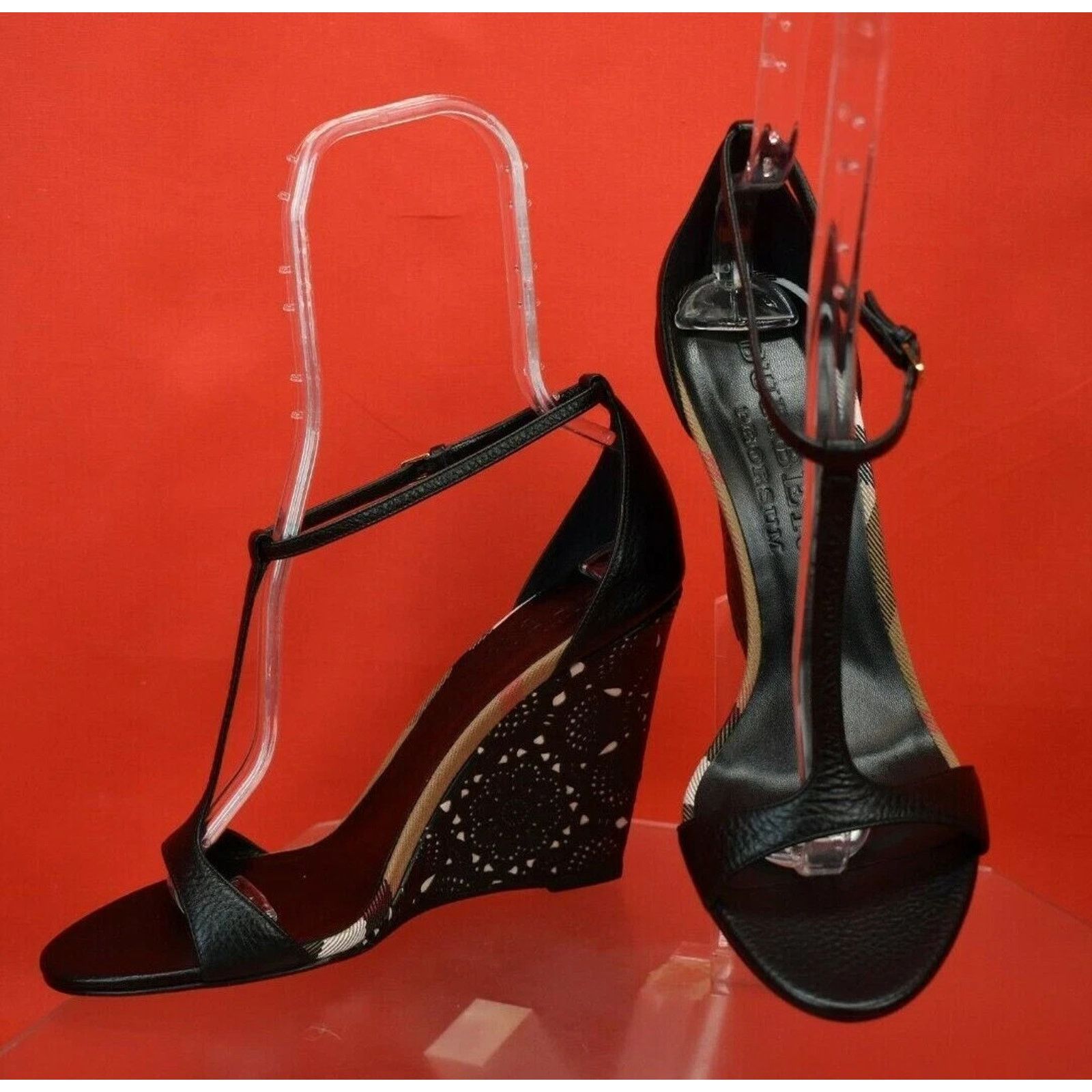 Burberry BURBERRY HOBART BLACK LEATHER CHECK LASER SANDALS PUMPS 40.5 Size US 10.5 / IT 40.5 - 4 Thumbnail
