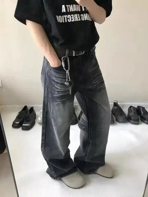 Jean Retro washed black distressed whiskered jeans Size US 32 / EU 48 - 1 Thumbnail