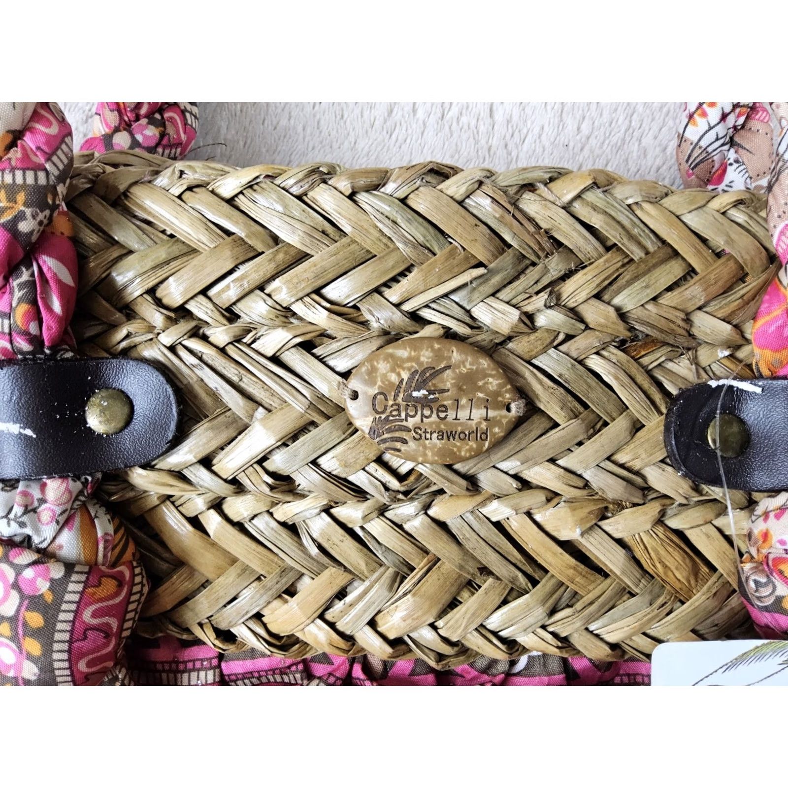 Vintage Cappelli Straworld Bohemian Wicker Fabric Shoulder Handbag Purse Bag Pink Beige Pattern Floral Bucket & Drawstring Medium Women Size ONE SIZE - 7 Thumbnail