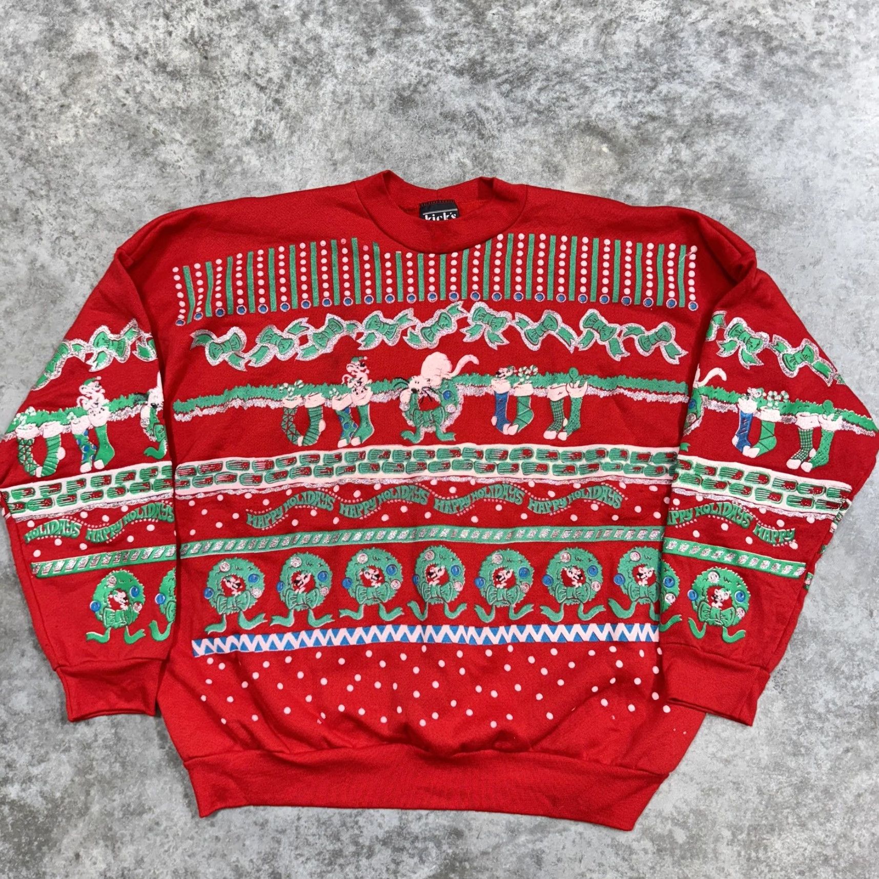 Vintage VINTAGE Kicks Sweatshirt Mens XL Red Christmas Elf Wreath Happy Holidays 80s Graphic Print Knit Crew Neck Pullover Sweater Size US XL / EU 56 / 4 - 2 Thumbnail