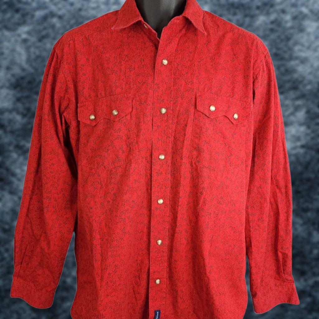 Vintage Rough Stock Panhandle Slim Western Shirt Mens Size M Pearl Snap Saw Tooth Pockets Floral Red Cotton Casual Dress Shirt Button-Down Collar Mens Size US M / EU 48-50 / 2 - 1 Thumbnail
