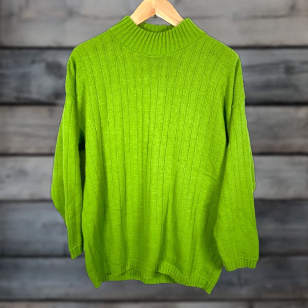 VINTAGE Amethyst Sweater Unisex One Size / Large Lime Green Knit Mock Neck Ribbed Pullover 80s Hipster Retro