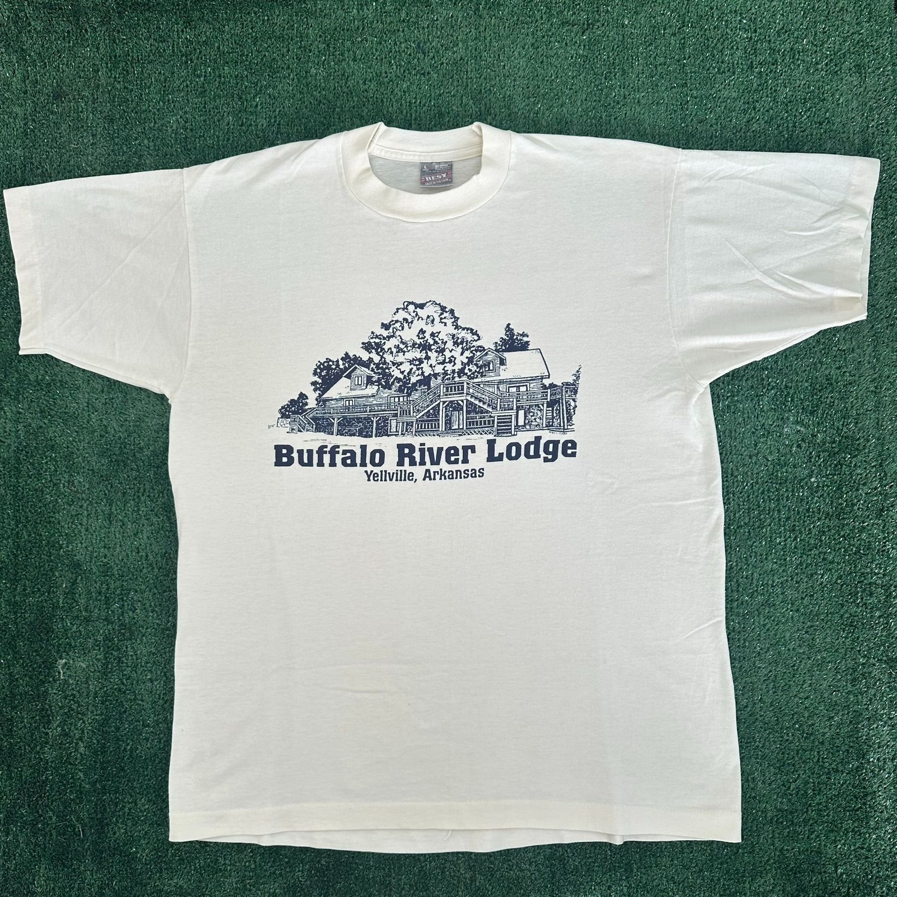 Fruit Of The Loom Vintage 90s Arkansas River Lodge T-Shirt Outdoor Nature Tee Size US L / EU 52-54 / 3 - 1 Thumbnail