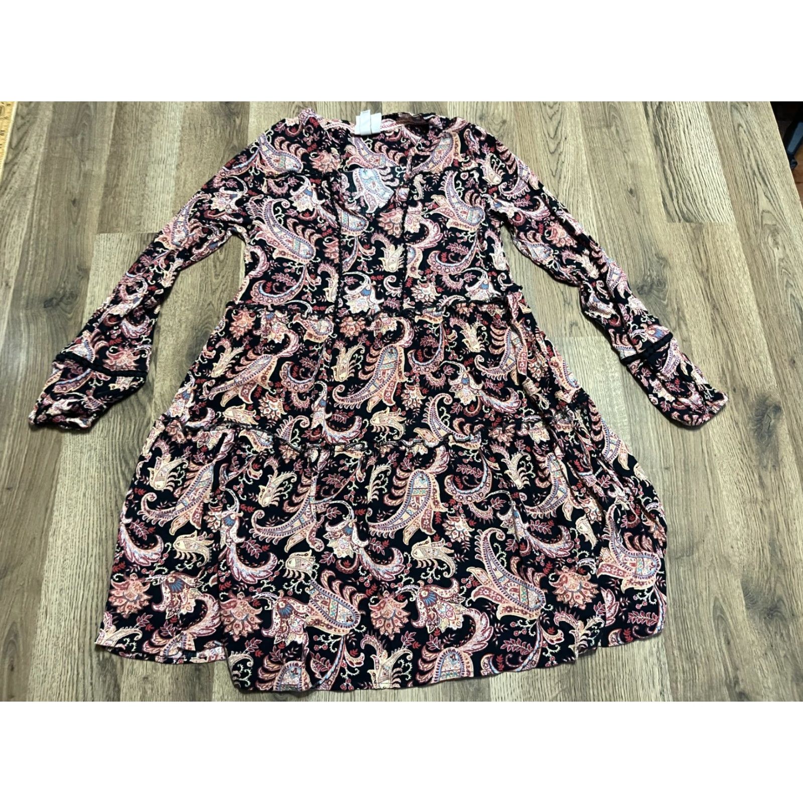 Vintage Knox Rose Dress Womens XS Pink Black Paisley V-Neck Long Sleeve A-Line Knee Length Size XS / US 0-2 / IT 36-38 - 2 Thumbnail