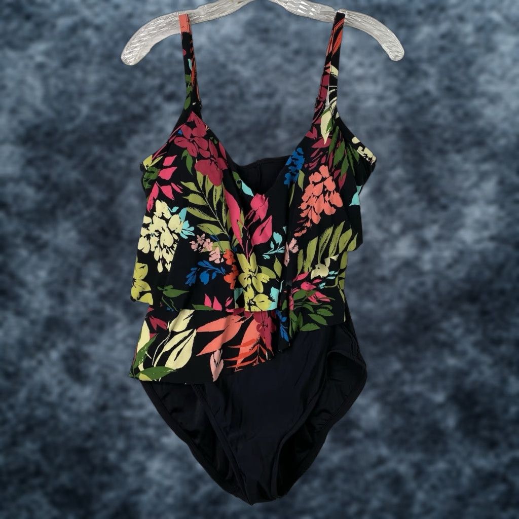Vintage VINTAGE Aqua Green One Piece Swimsuit Womens L Black Floral Ruffled Strappy Beach NEW Size ONE SIZE - 1 Thumbnail