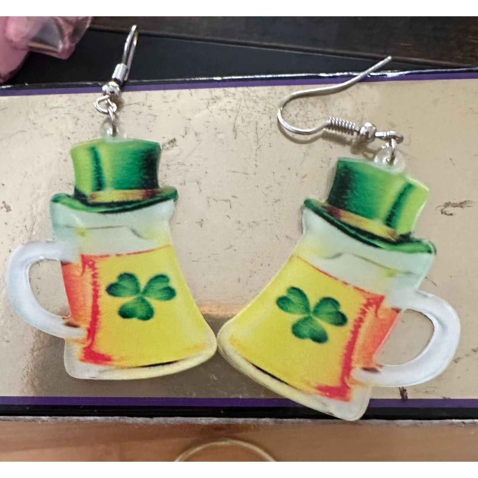 Handmade St Patricks Day Earrings Beer Shamrock Leprechaun Hat Dangle Size ONE SIZE - 2 Thumbnail