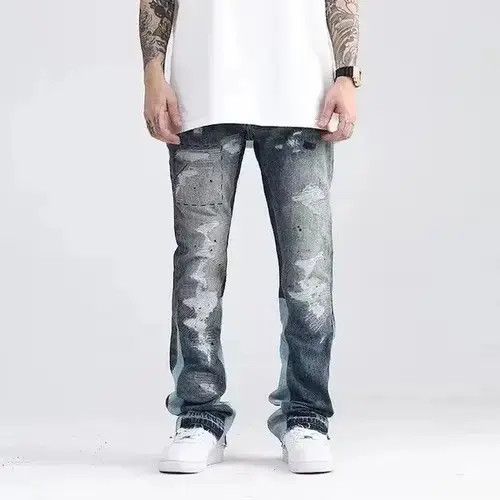 Japanese Brand Blue Speckle ink Washed Destroyed Flared Jean Size US 32 / EU 48 - 2 Thumbnail