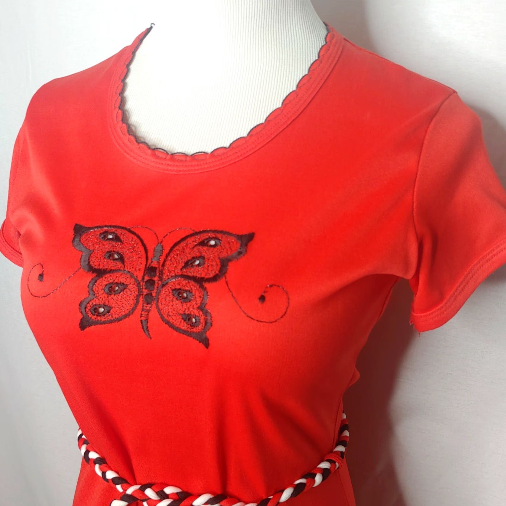 Vintage VINTAGE Womens S Butterfly Dress Embroidered Short Sleeve Braided Belt Stretch Dress Size 28" / US 6 / IT 42 - 4 Thumbnail
