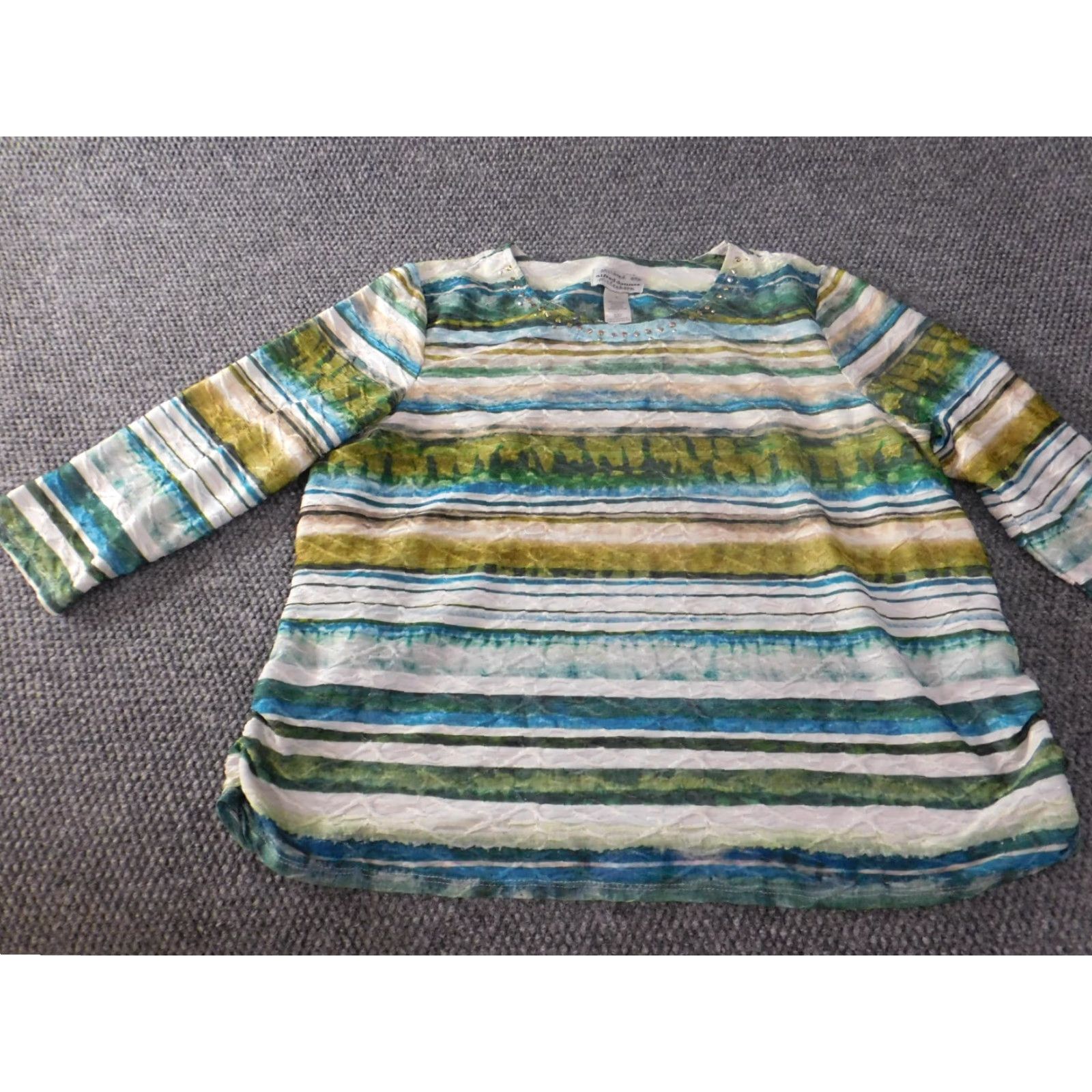 Vintage Alfred Dunner Blouse Shirt Womens L Green Striped Round Neck Pullover Stretch Casual Vintage: No Size L / US 10 / IT 46 - 3 Thumbnail