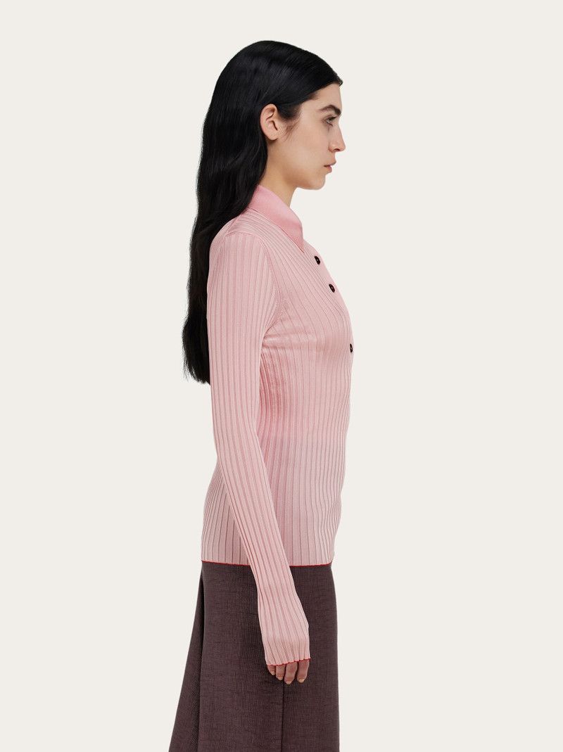 Salvatore Ferragamo o1s1rm0526 Long sleeved Ribbed Knit Polo Sweater in Pink Size M / US 6-8 / IT 42-44 - 3 Thumbnail