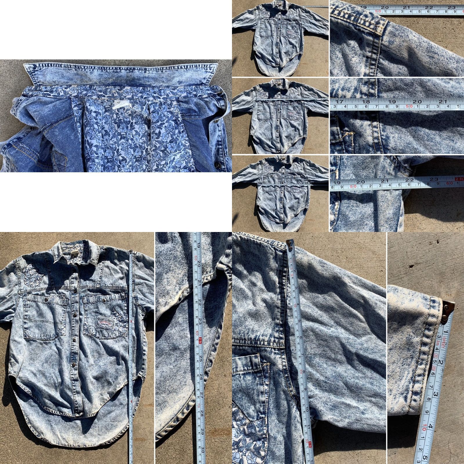 Denime VINTAGE Traffic Acid Wash Denim Shirt Patchwork Elbow Patches One Size 80s 90s Blue Denim Shirt Womens/ mens Size ONE SIZE - 8 Thumbnail
