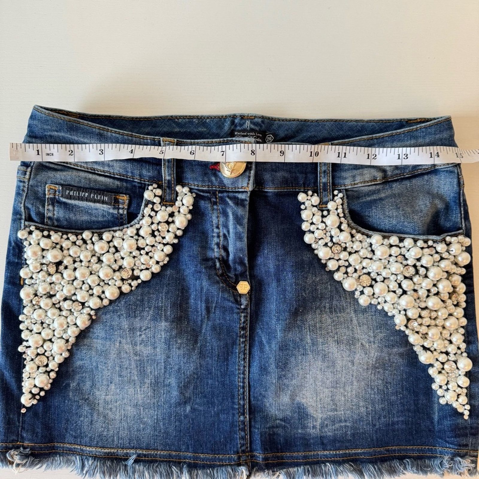 Philipp Plein PHILIPP PLEIN Embellished Denim Skirt Pearl Accents, Size 26 Size 26" / US 2 / IT 38 - 5 Thumbnail