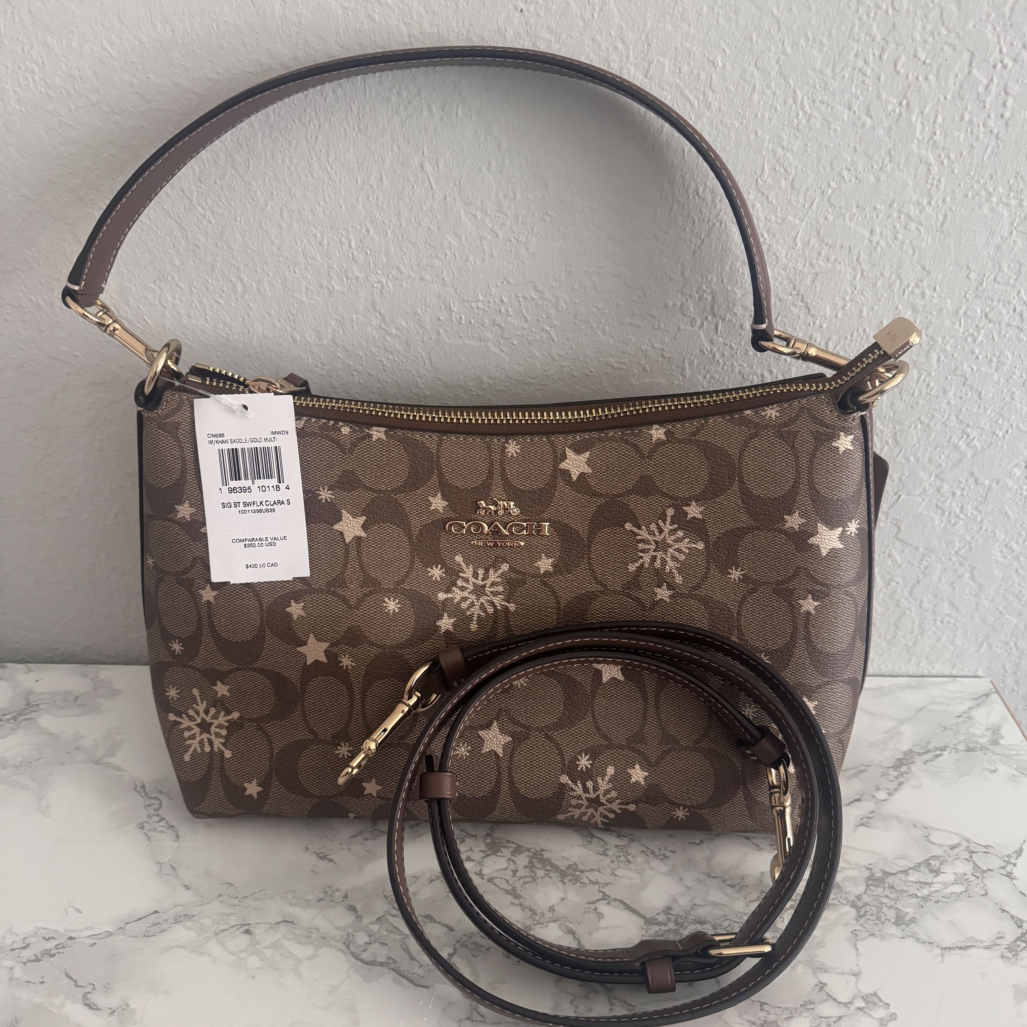 image of Coach Clara Shoulder Bag With Star And Snowflake Print in Brown, Women's