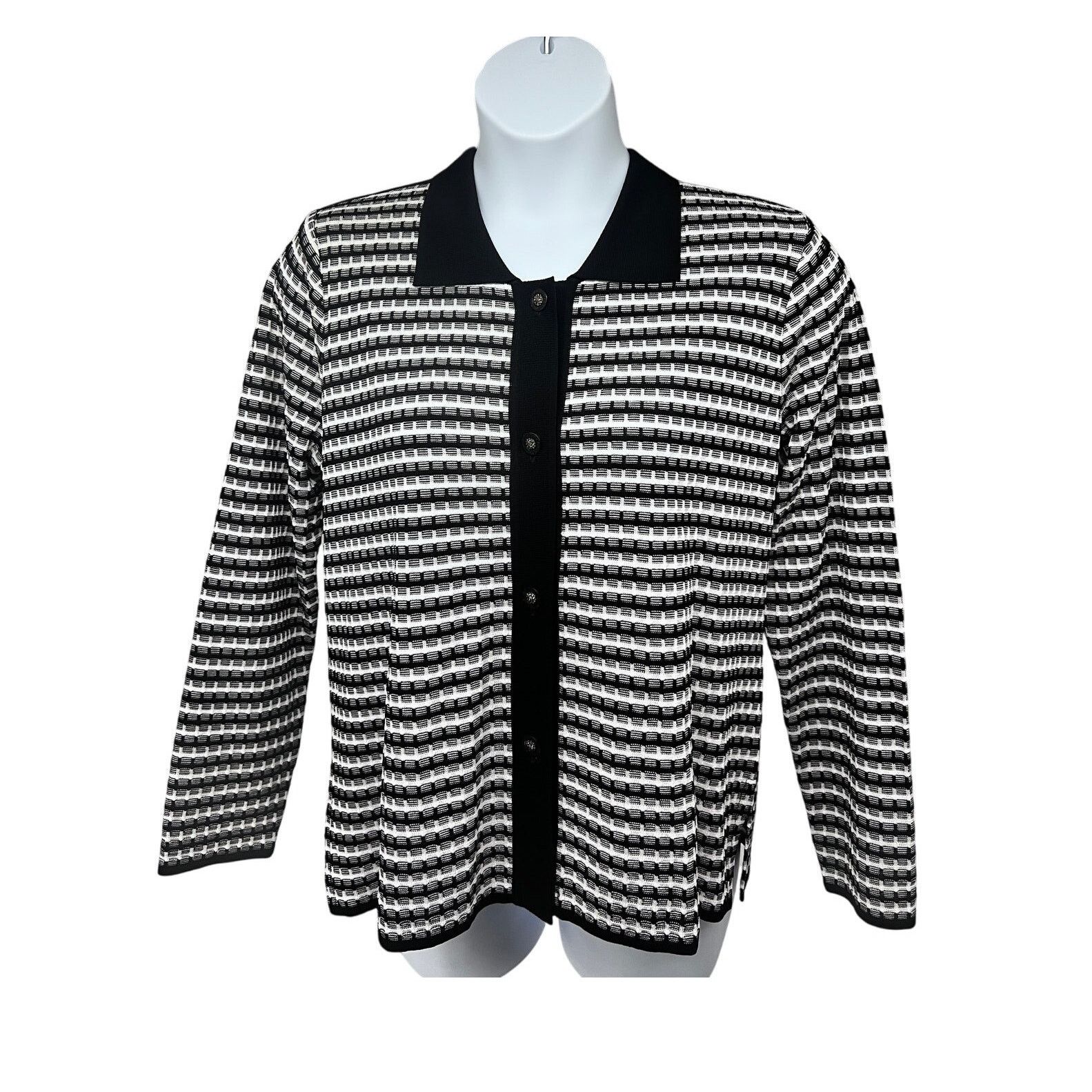 Vintage Misook Vintage 90s Black White Knit Button Shirt L Stretch Size L / US 10 / IT 46 - 1 Thumbnail