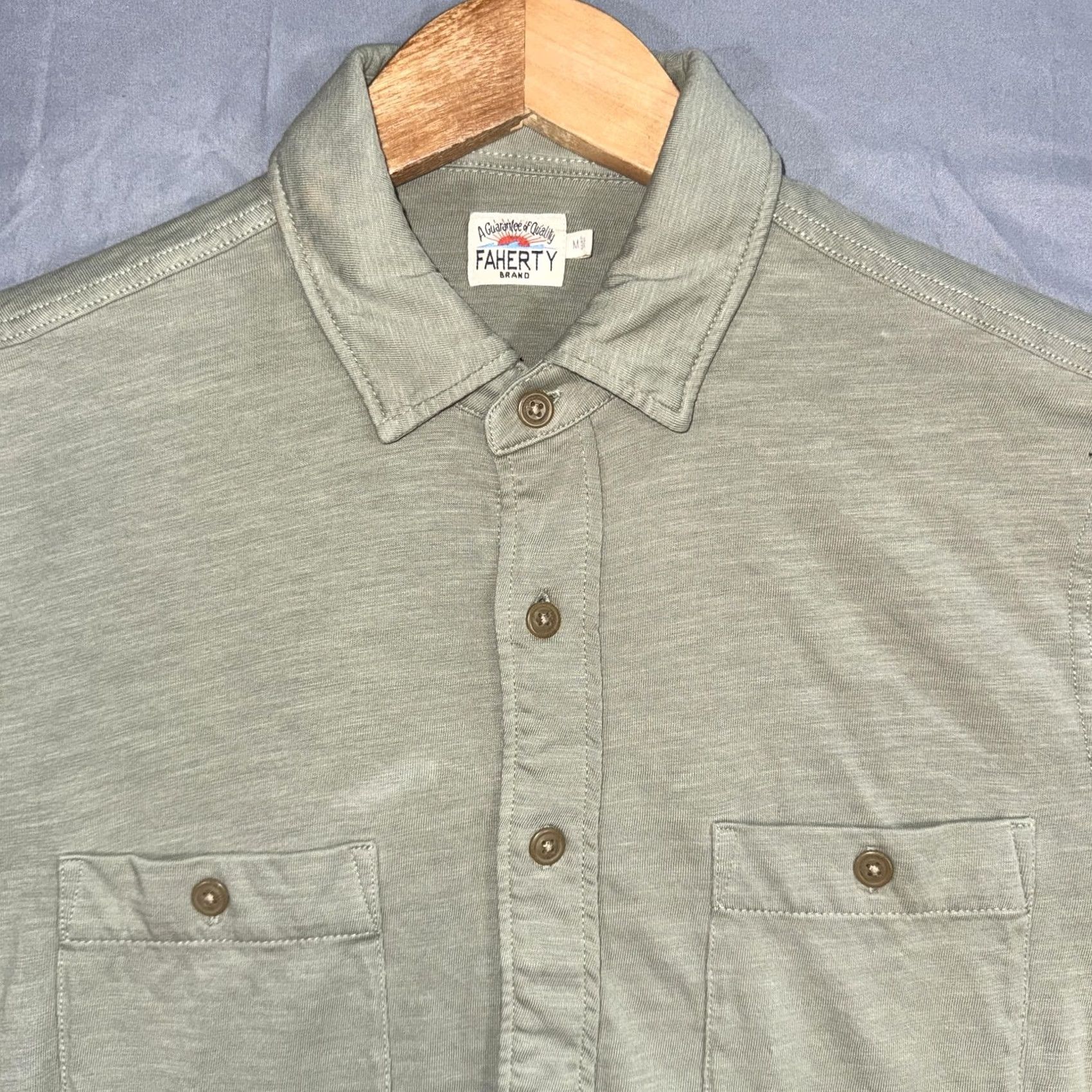 Faherty Faherty Shirt Mens Medium Green Short Sleeve Button-Up Casual Jersey Knit with Pockets Size US M / EU 48-50 / 2 - 3 Thumbnail
