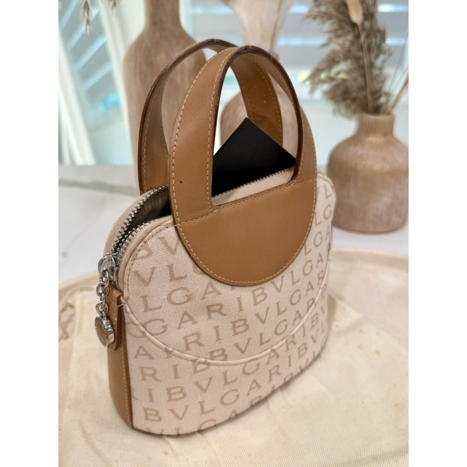 Bvlgari Bvlgari Logomania Mini Tote Bag - Beige Canvas & Tan Leather Size ONE SIZE - 10 Thumbnail