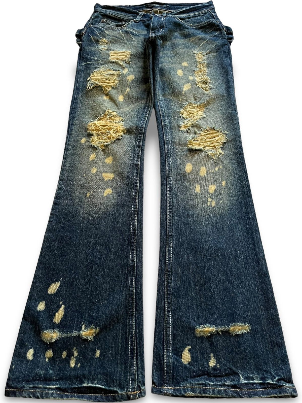 image of Avant Garde x Distressed Denim Vintage Japanese Midas Rusty Wash Distressed Flare Jeans in Blue, Wo