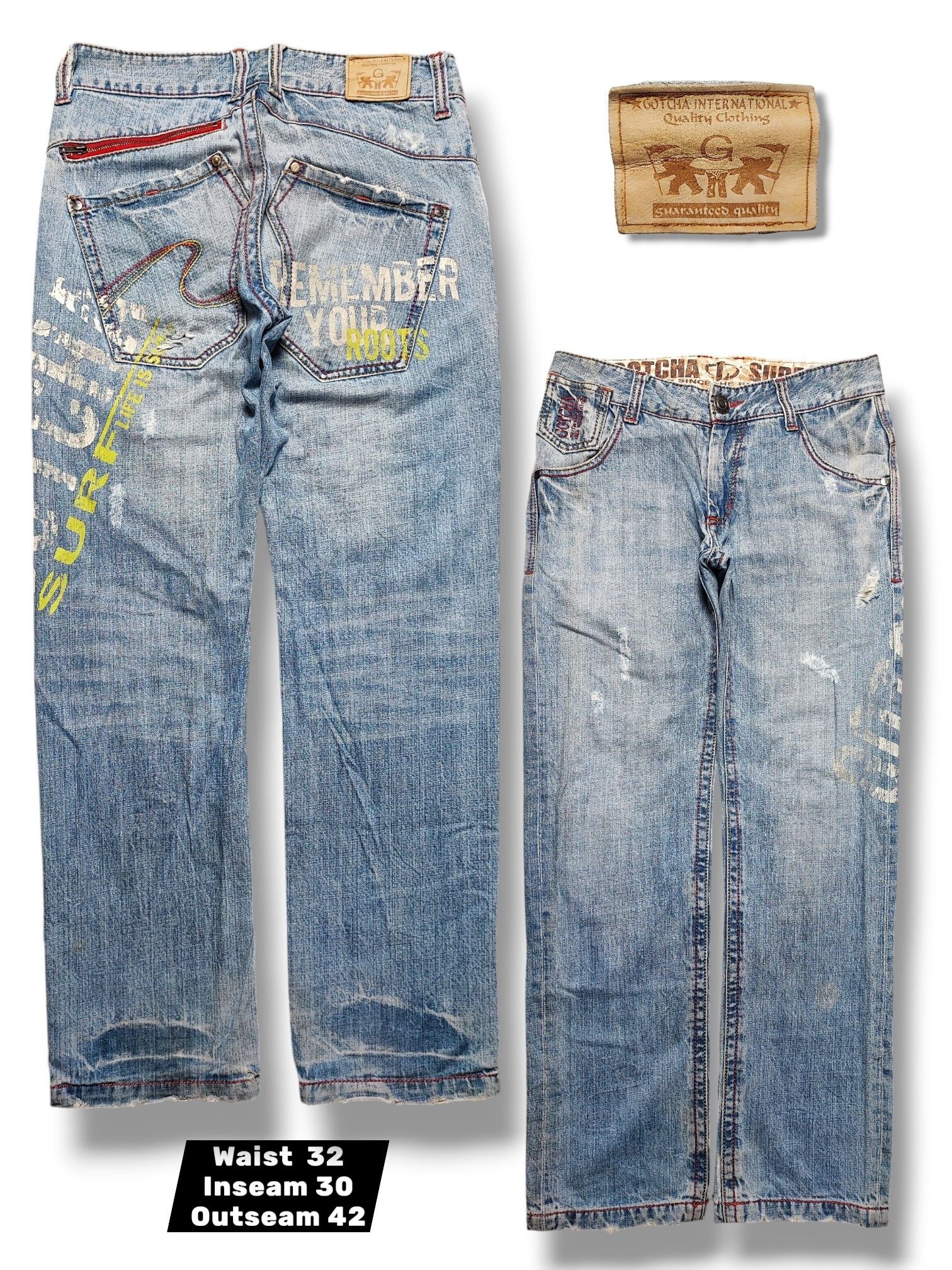 Gotcha Gotcha relaxed fit light wash denim jeans distressed patches Size US 32 / EU 48 - 1 Thumbnail