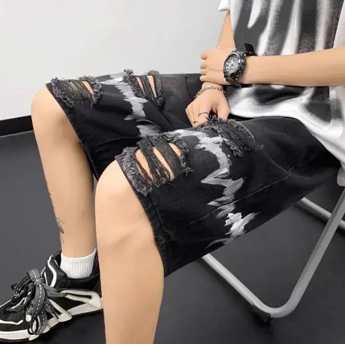 Japanese Brand × Jean Loose graffiti straight leg distressed denim shorts Size US 32 / EU 48 - 4 Thumbnail