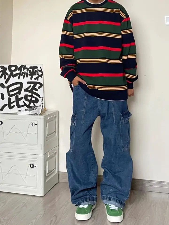 image of Distressed Denim x Jean Straight Leg Multi-Pocket Jeans For Men in Blue Jean (Size 30)