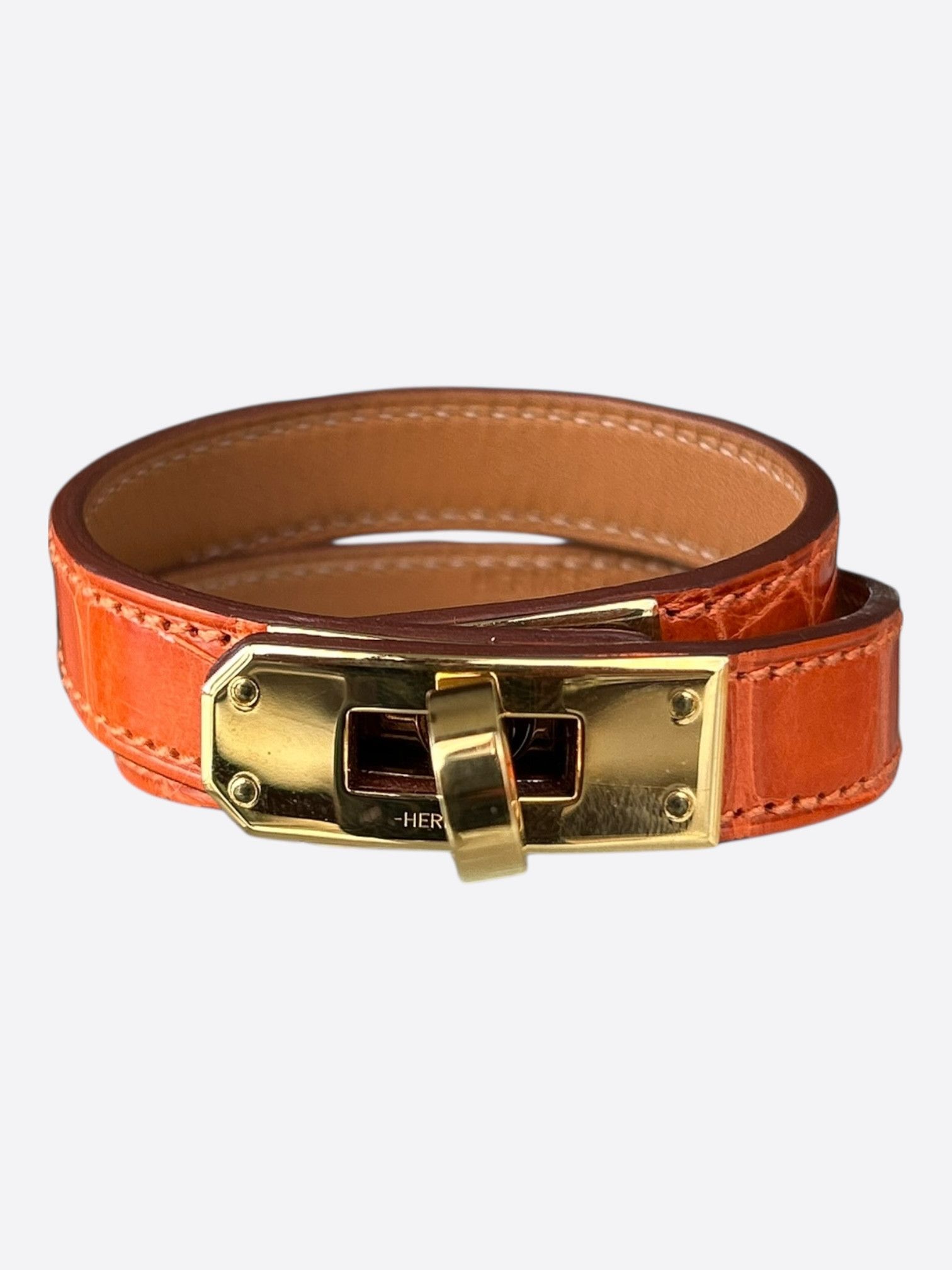 Hermes Orange Crocodile & Gold Hardware Kelly Double Tour Bracelet Size ONE SIZE - 1 Thumbnail