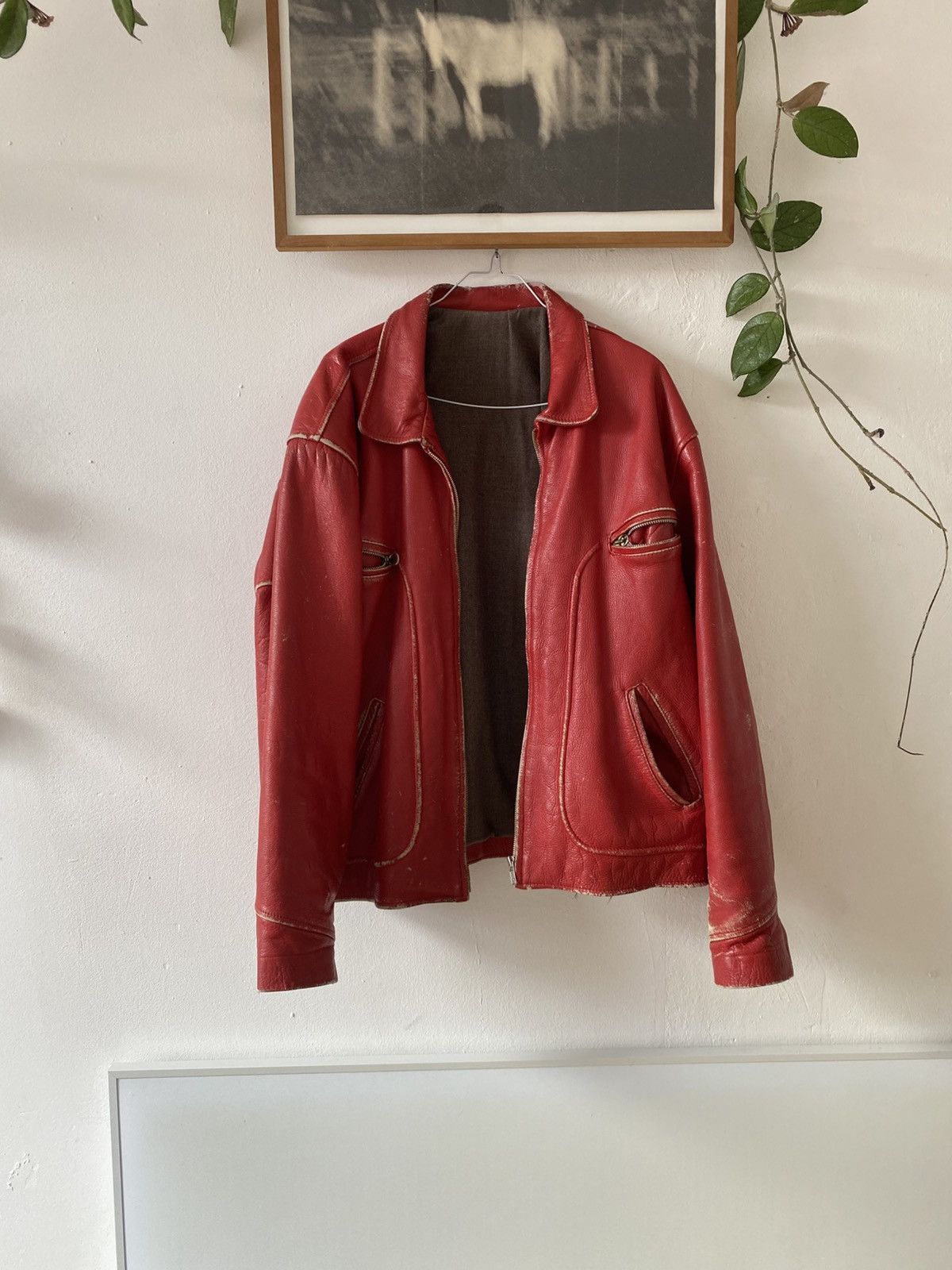 Rare Vintage Red Heavy Leather Biker Jacket