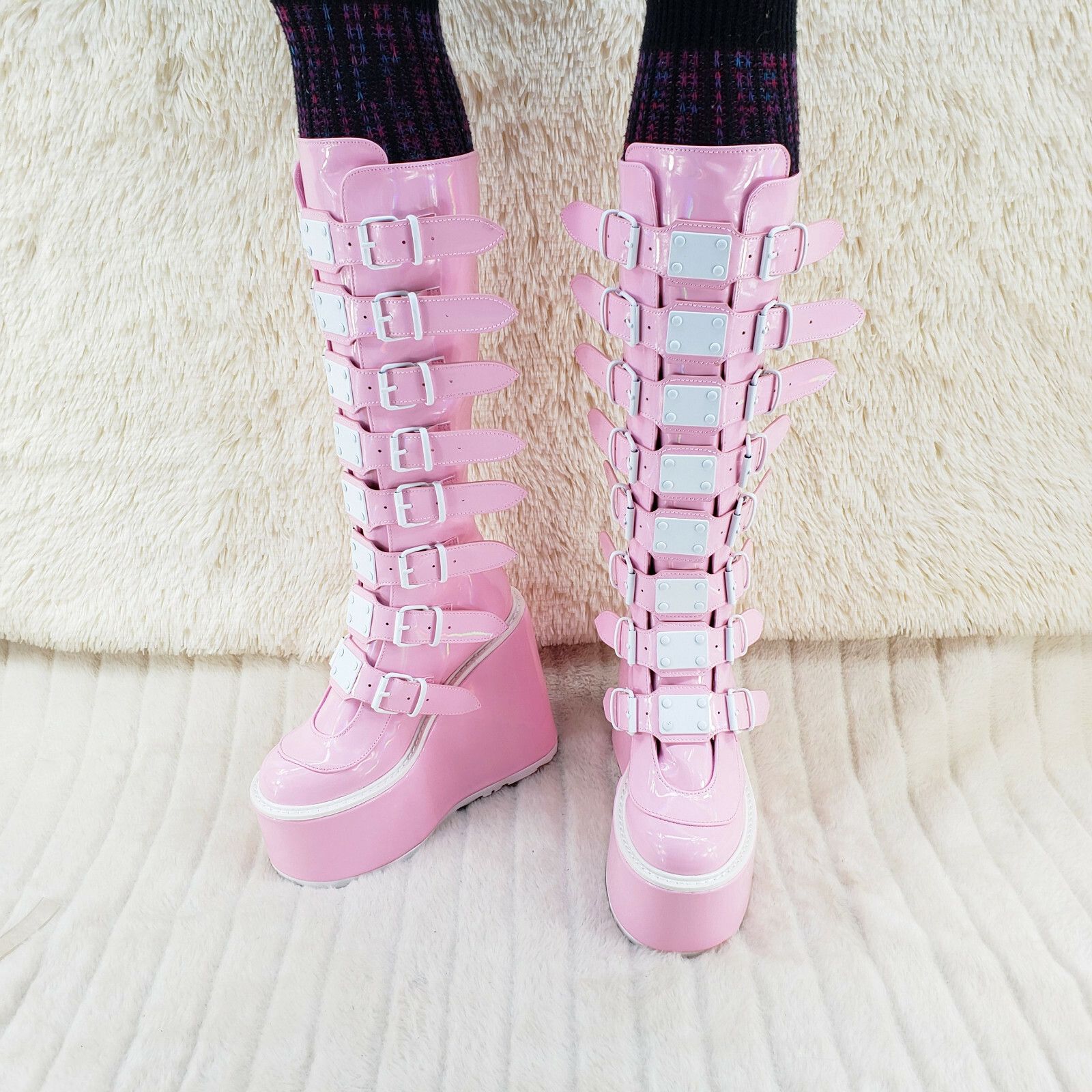 Demonia Cult DEMONIA Trinity Swing 815 Pink Hologram Patent Goth Knee Boo Size US 7 / IT 37 - 6 Thumbnail