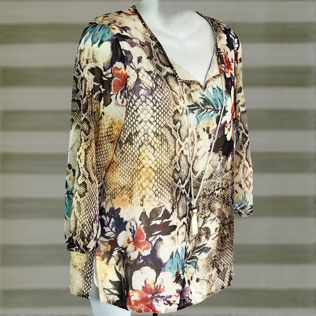 Vintage Alfred Dunner Top Blouse 8P Multi Floral/Snake Print 3/4 Sleeve Casual Polyester Chiffon Size M / US 6-8 / IT 42-44 - 1 Thumbnail