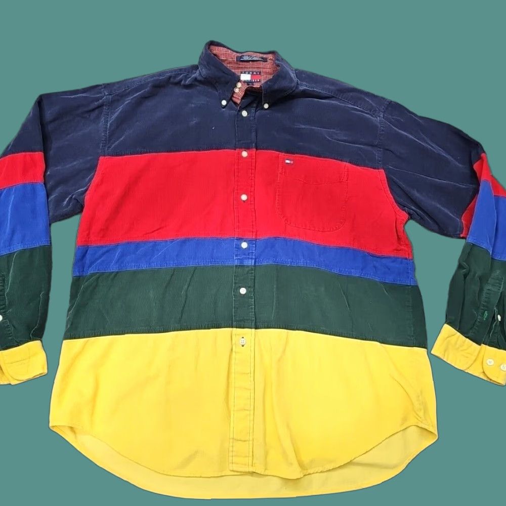 VINTAGE Tommy Hilfiger Button-Up Shirt XL Multicolor Striped Corduroy Long Sleeve 90s Mens